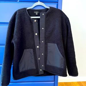 J Crew collarless fleece jacket, M, Very good used condition